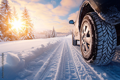 tires on snow covered road at sunset with sun shining o bcb651d0-54cd-4d93-a38c-d3191aa77f4a photo
