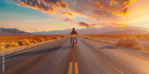 Motorcyclist on desert road at sunset