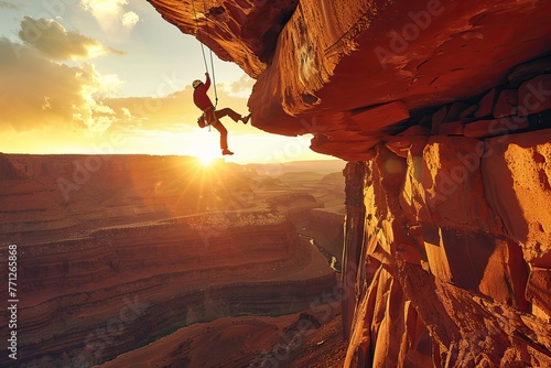 Rock climber rappelling against the backdrop of a sunset canyon