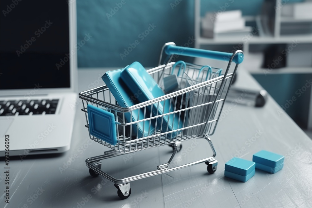 Smartphone displaying a shopping cart on table near laptop, online shopping activities concept. Various sale boxes and shopping bags Inside the cart, as e-commerce transactions and purchases. Smartphone displaying a shopping cart on table near laptop, online shopping activities concept. Various sale boxes and shopping bags Inside the cart, as e-commerce transactions and purchases.