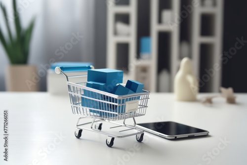 Smartphone displaying a shopping cart on table near laptop, online shopping activities concept. Various sale boxes and shopping bags Inside the cart, as e-commerce transactions and purchases. photo