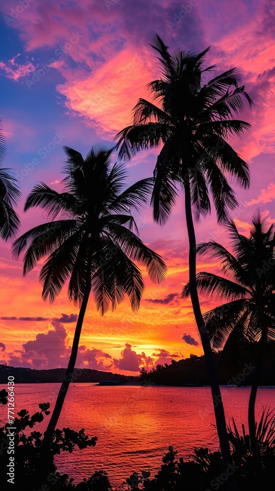 Tropical sunset with silhouette of palm trees