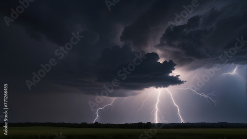 a lightning bolt is shown above a field with a tree in the background