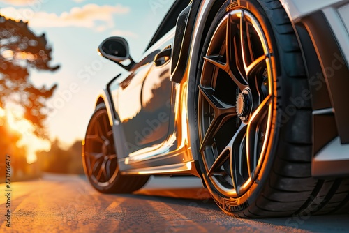Close-up of a luxury car wheel at sunset