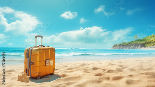 A vibrant, sunlit beach with a stylish 4K HDR luggage set placed on the golden sand. The crystal-clear waves gently kiss the shore, creating a serene atmosphere.