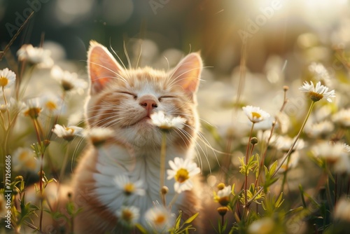 funny cat enjoying the begining of the blooming spring photo