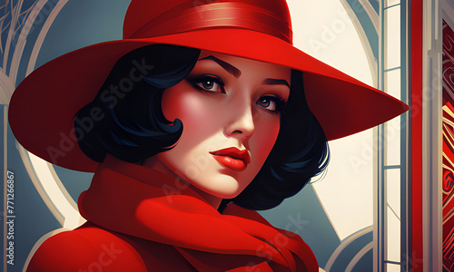 A beautiful woman wearing a red hat and a red scarf