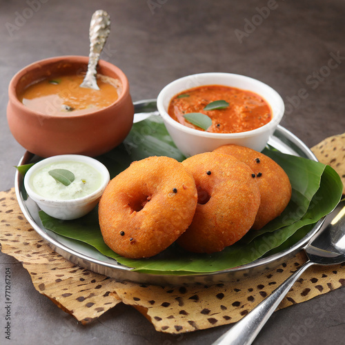 vada or medu vadai with sambar and chutney popular photo