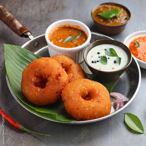 vada or medu vadai with sambar and chutney popular photo