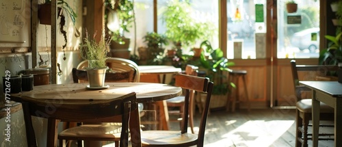 Organic cafe, Earth Day special menu, cozy interior, natural lighting, table shot