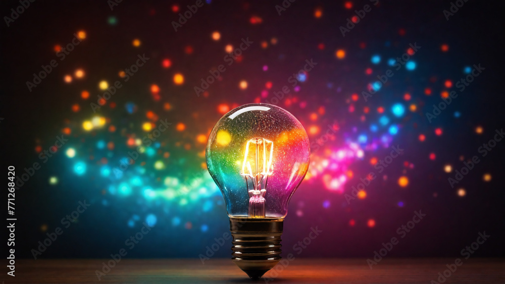 Glowing light bulb with colorful mottled light spots, creativity, imagination, infinity concept. Glowing light bulb with colorful mottled light spots, creativity, imagination, infinity concept.