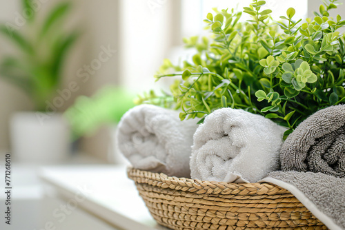 towels and plants in a basket on top of a white counter 138c45ae-d2eb-4899-821c-fdb3c7a2b40a