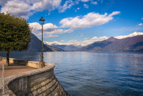 View on Lake Como, Italy with snow covered mountains in the background