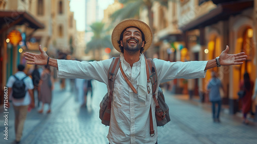 A tourist in a hat and with a backpack, rejoices with his arms outstretched on the street of the city