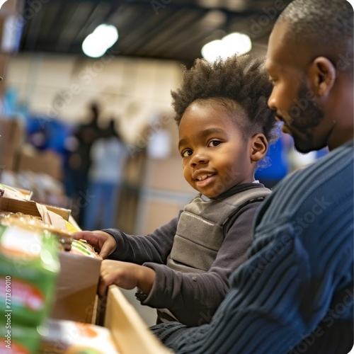 Father and Child Volunteering Together at Food Bank photo