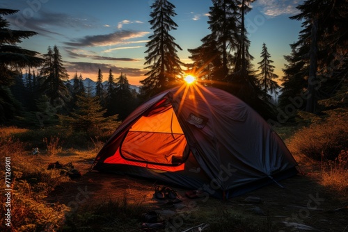 A peaceful camping scene in the mountains, with a tent surrounded by mist and lush greenery