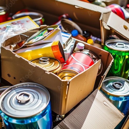 Brightly Lit Boxes of Canned Donations Outdoors photo