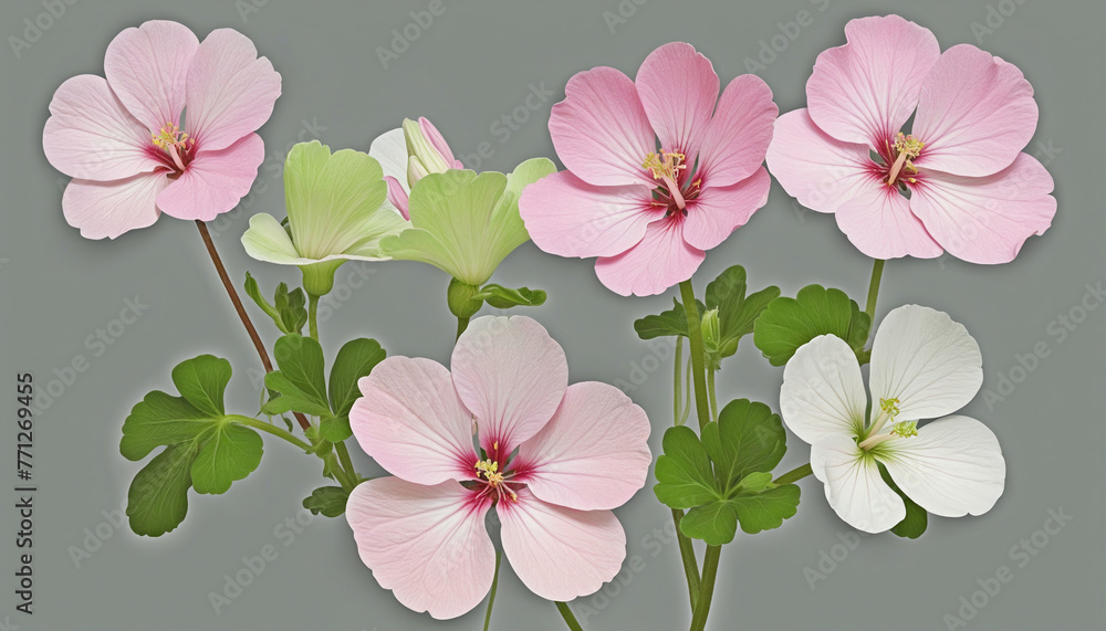 collection of soft pastel geraniums flowers isolated on a transparent background colorful background