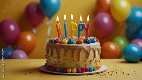 birthday cake and candles, birthday cake with candles on yellow background 