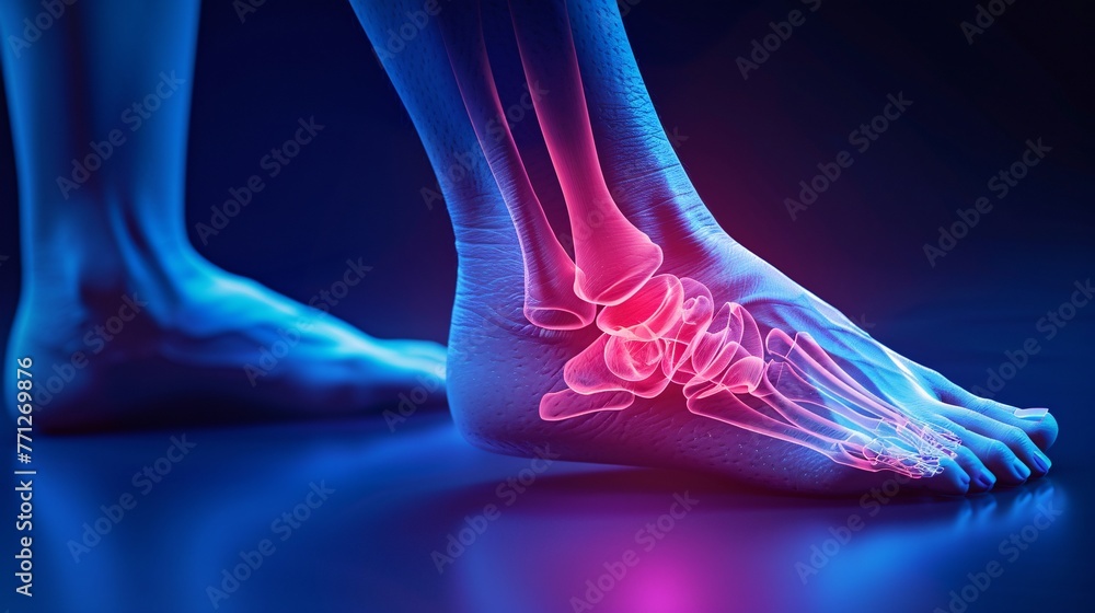 joint diseases, hallux valgus, plantar fasciitis, heel spur. Depicts a woman's leg in pain, emphasizing foot health issues - obrazy, fototapety, plakaty 