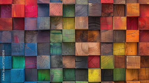 Vibrant 3D wooden cubes backdrop, geometric rainbow texture. Ideal for wallpaper, banners © Suresh