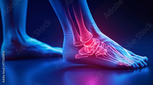joint diseases, hallux valgus, plantar fasciitis, heel spur. Depicts a woman's leg in pain, emphasizing foot health issues photo