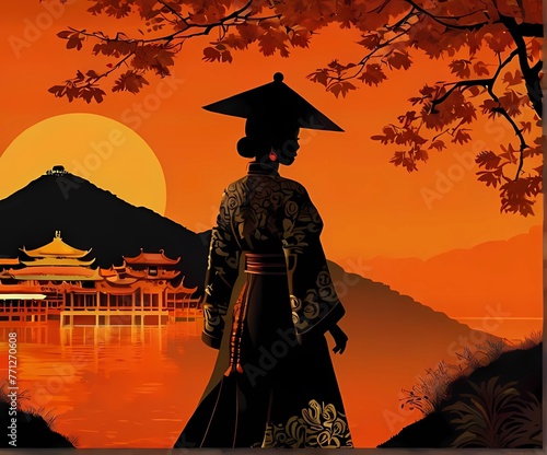 秋の台湾九份風光明媚夜の美しい世界と少数民族衣装版画風イラスト