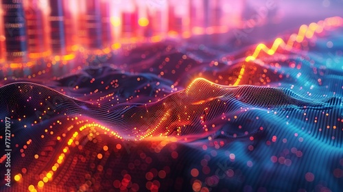 Intricate blockchain data visualization patterns blending with futuristic cityscapes