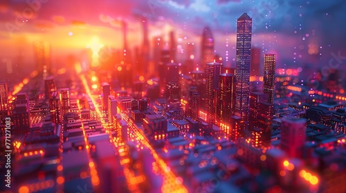 Intricate blockchain data visualization patterns blending with futuristic cityscapes
