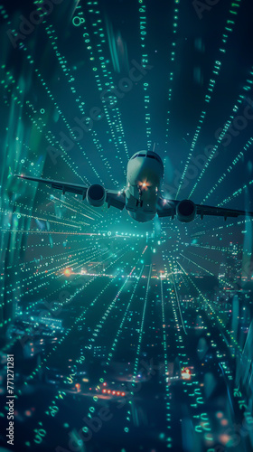 Airplane Soaring Through Digital Data Sky
