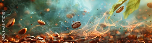 A whimsical scene of coffee beans and tea leaves dancing amidst swirling steam photo