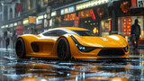 A bright yellow vehicle with sleek automotive design cruises along a rainsoaked city street, its tires gripping the wet pavement as the headlights illuminate the dimly lit road
