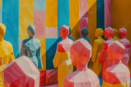 An experimental scene where multiple faceless figures are arranged in a geometric pattern, playing with perspective and viewer perception photo