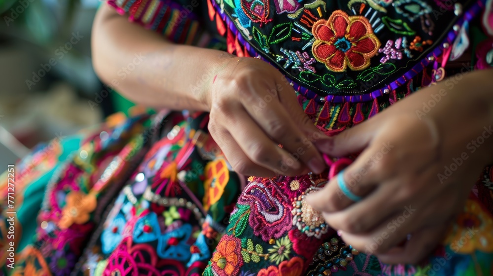 The process of creating a Mexican dance dress, showcasing the intricate embroidery work or beading The process of creating a Mexican dance dress, showcasing the intricate embroidery work or beading