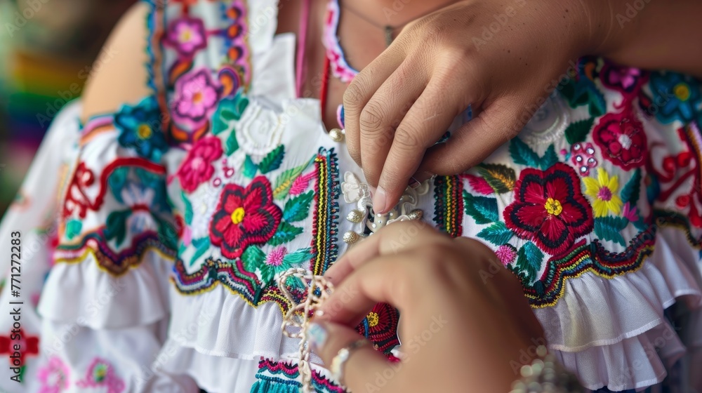 Fototapeta premium The process of creating a Mexican dance dress, showcasing the intricate embroidery work or beading
