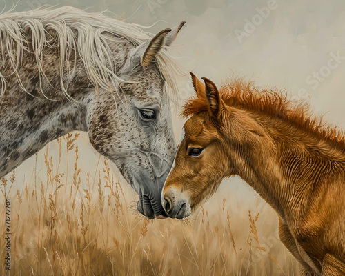 In a serene meadow, a mare and her foal stand nose to nose, their connection forming a heart, epitomizing pure affection