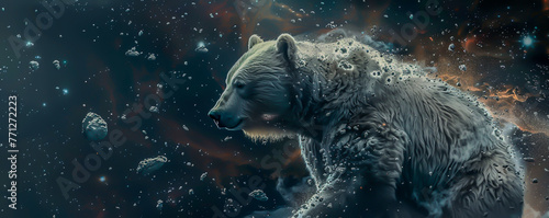 On a spacecraft, a bear shaving with meteor fragments, each swipe casts star dust across the cosmos, blending life and space photo
