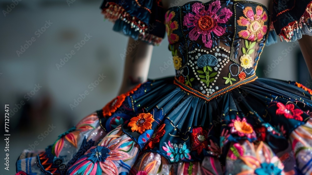A blend of traditional Mexican embroidery with elements of ballet tutus, creating a unique and stylish costume 