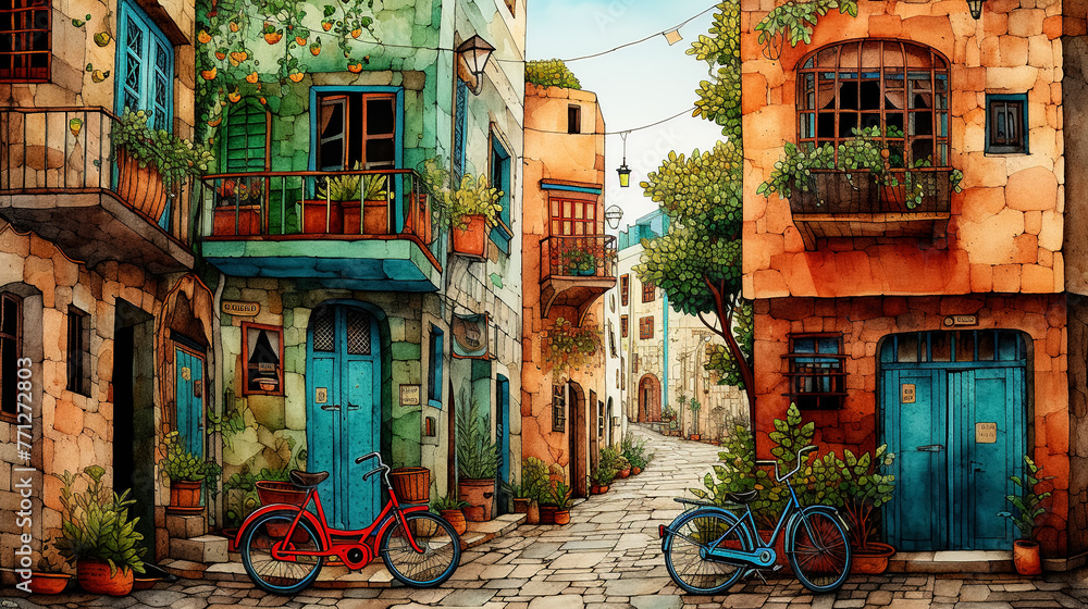 Beautiful colorful houses on the streets of the old city bicycles. Fantasy cityscape. Naive art style storybook illustration.