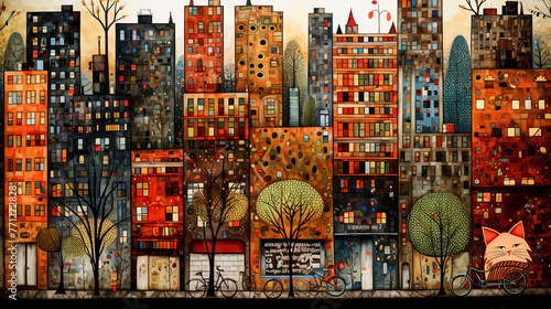 City street with colorful facades of houses, trees, cats and bicycles. Naive art style storybook illustration.