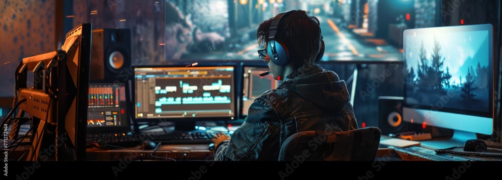 Cyber security concept. Young caucasian man in headphones with a microphone on the background of a computer monitor
