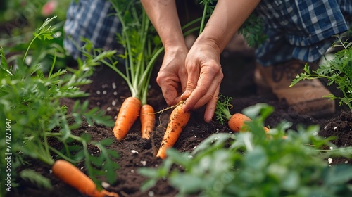 Hands Harvesting Fresh Organic Carrots from the Garden Soil