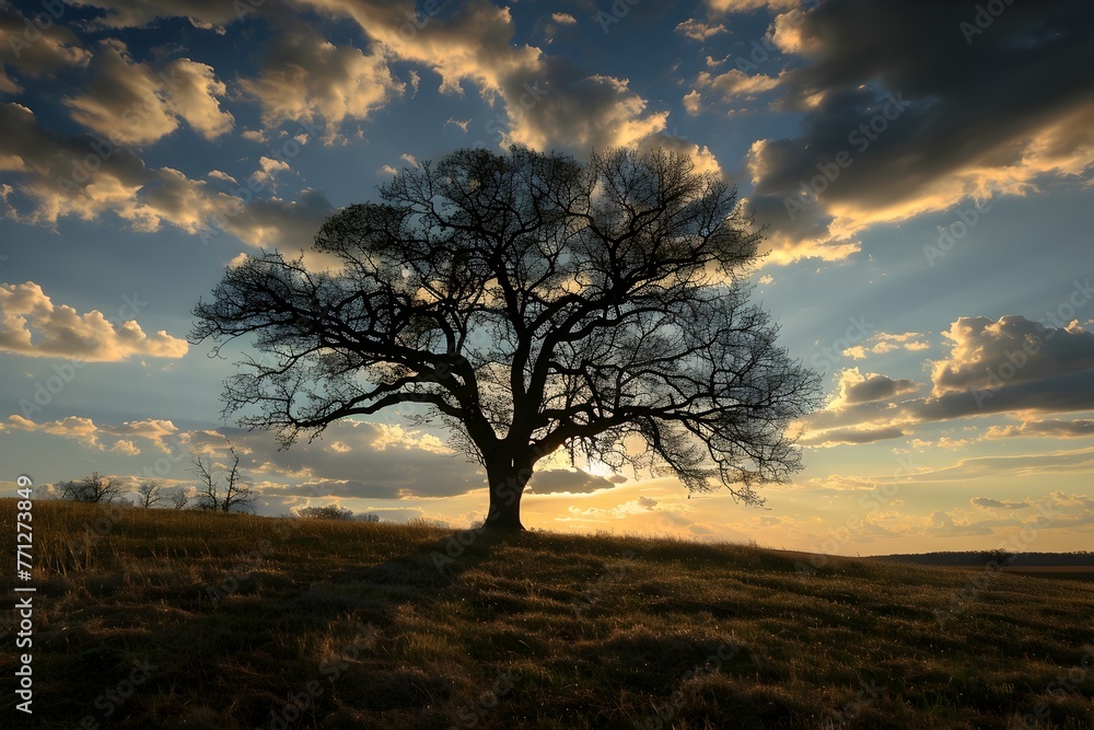 Majestic Lone Tree Silhouetted Against Dramatic Sunset Sky