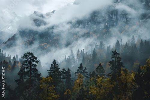 Majestic Foggy Mountain Landscape in Autumn Showcasing Vibrant Foliage and Moody Atmosphere