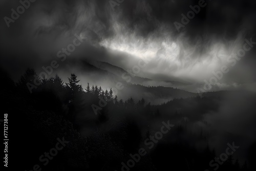 Majestic Monochrome Mountain Landscape Shrouded in Ethereal Fog and Dramatic Clouds