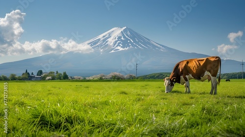 Majestic Mount Fuji Overlooking Lush Pastoral Farmland with Grazing Cow in Serene Japanese Countryside Landscape