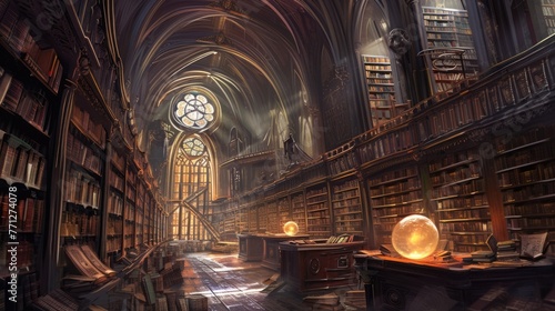 An ancient library filled with magical books  glowing orbs  and mystical artifacts. Shelves reach up to a high  vaulted ceiling  with soft light filtering through stained glass windows. Resplendent.