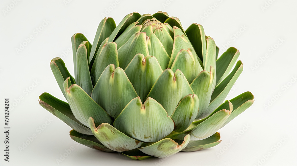 Fototapeta premium Close-up of fresh artichokes on white background, Full frame of purple italian artichokes, Artichoke, Fresh Green Vegetable with Edible Heart, Isolated on White background, Whole and halved fresh. 