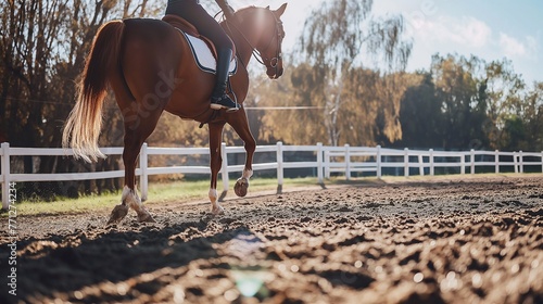 Horseback riding in a paddock in nature. A horse gallops calmly on the ground on a farm