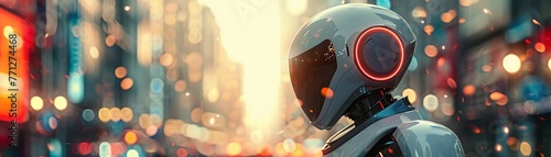 Android, metallic casing, humanoid appearance, bustling city streets filled with robot citizens, bustling city streets, 3D render, backlight, depth of field bokeh effect photo